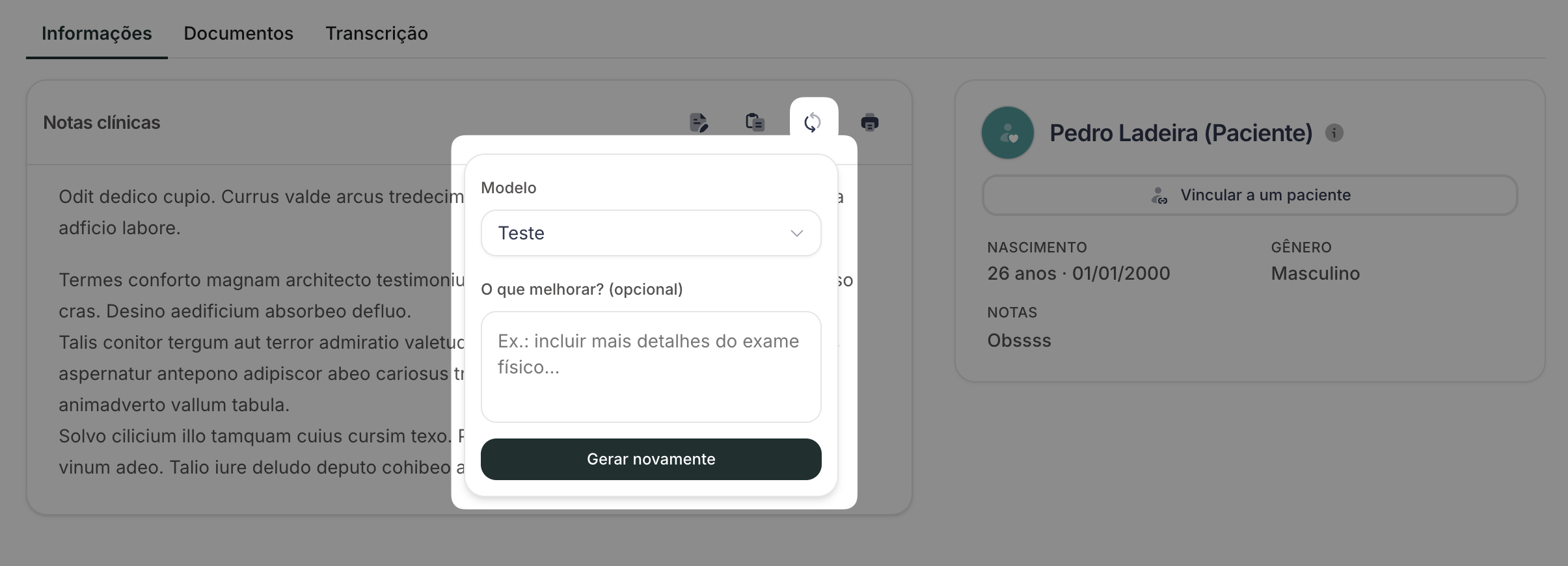 Ícone Gerar novamente no card da nota clínica
