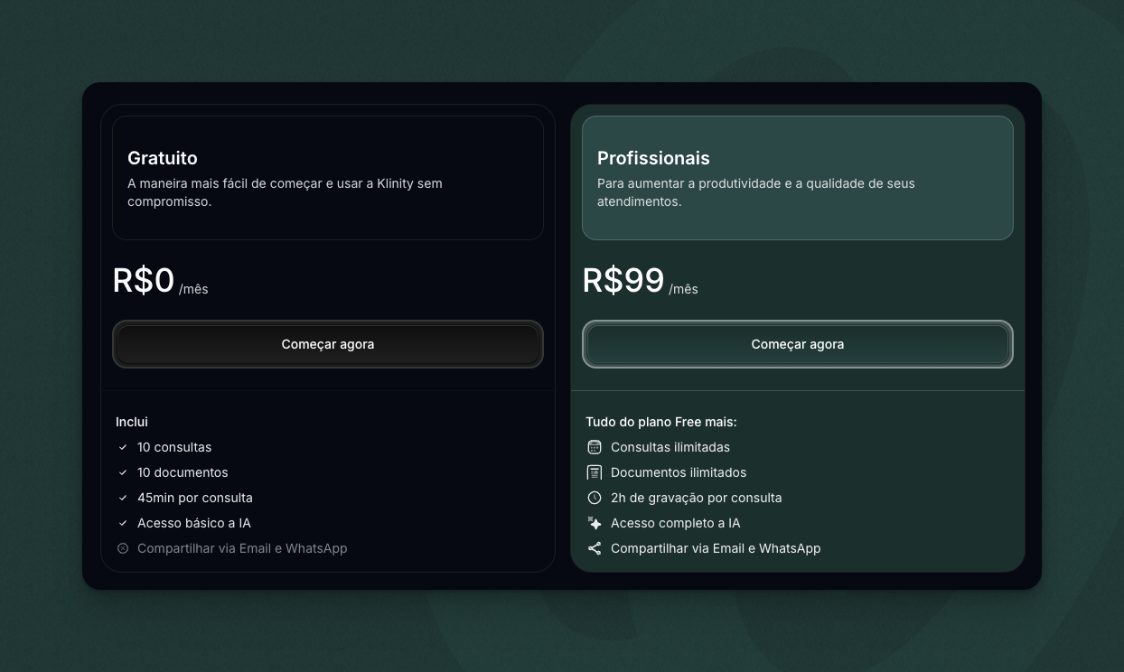 Tela de planos da Klinity