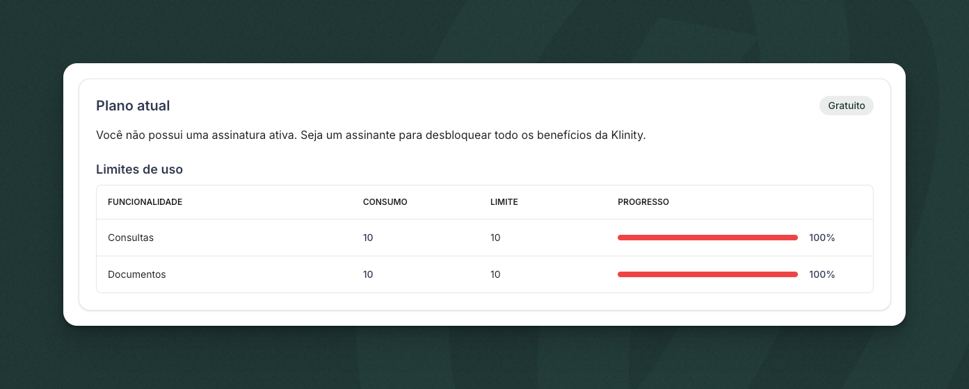 Tela de planos da Klinity