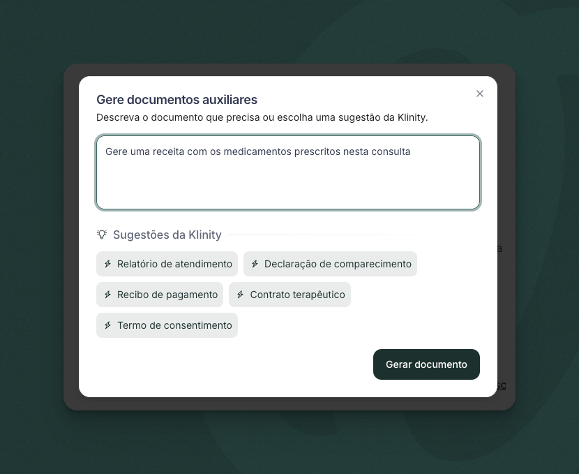 Modal de criação de documento auxiliar com textarea