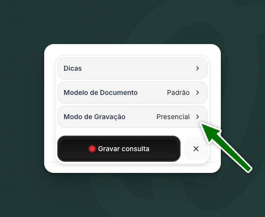 Menu aberto mostrando opção "Modo de gravação"