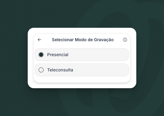 Tela de seleção de modo mostrando Presencial e Teleconsulta