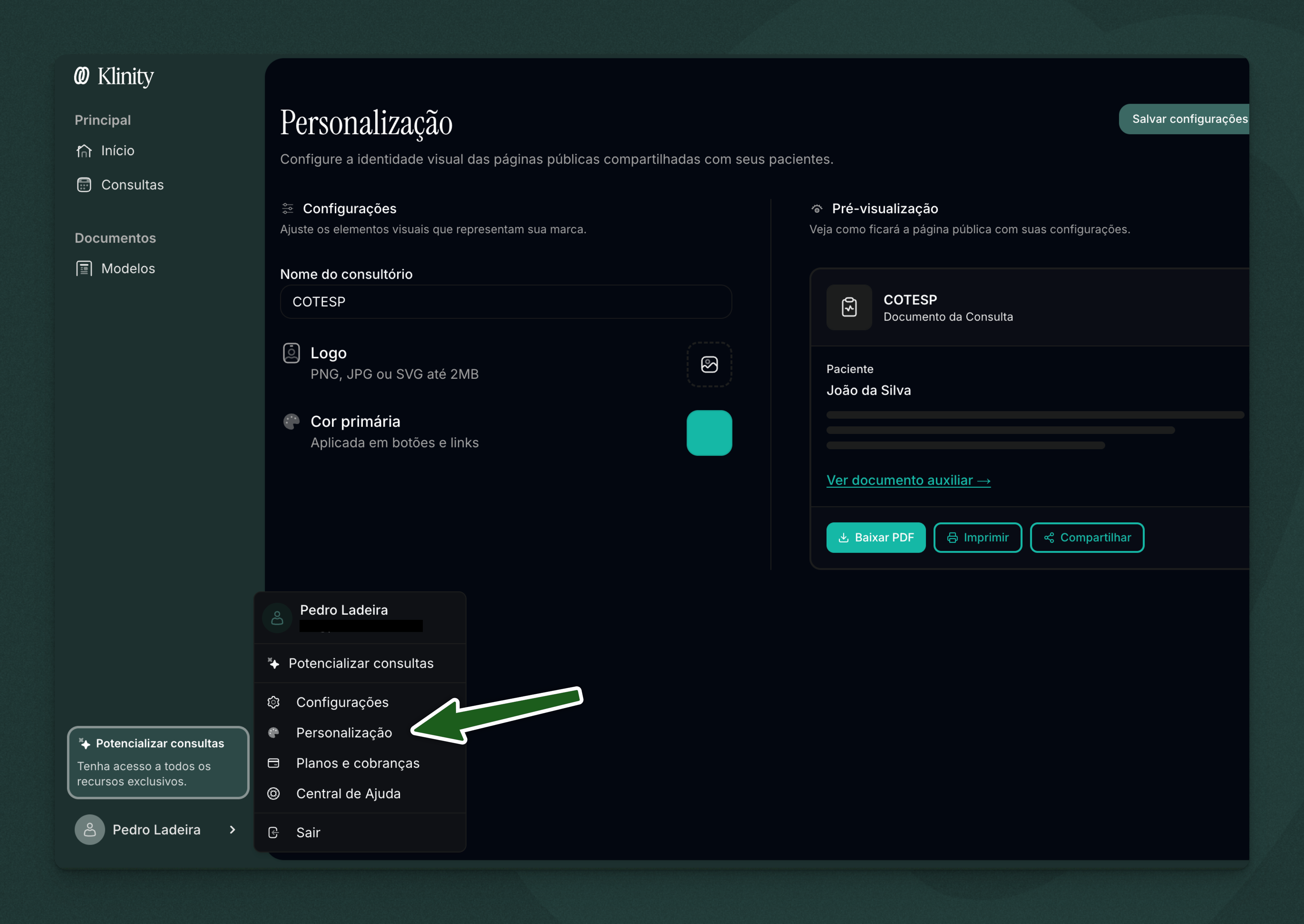 Menu de acesso às configurações