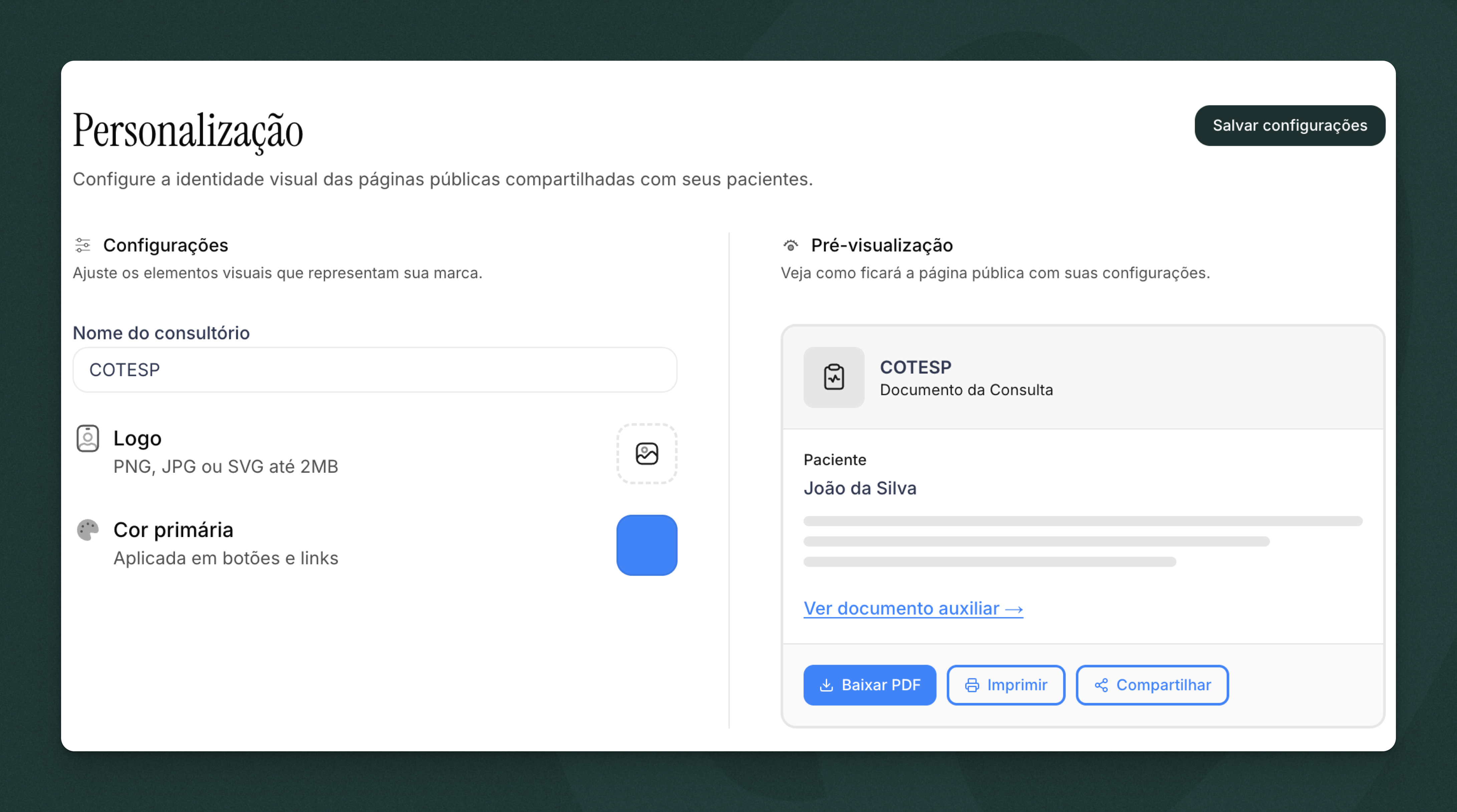Tela de configuração com preview à direita