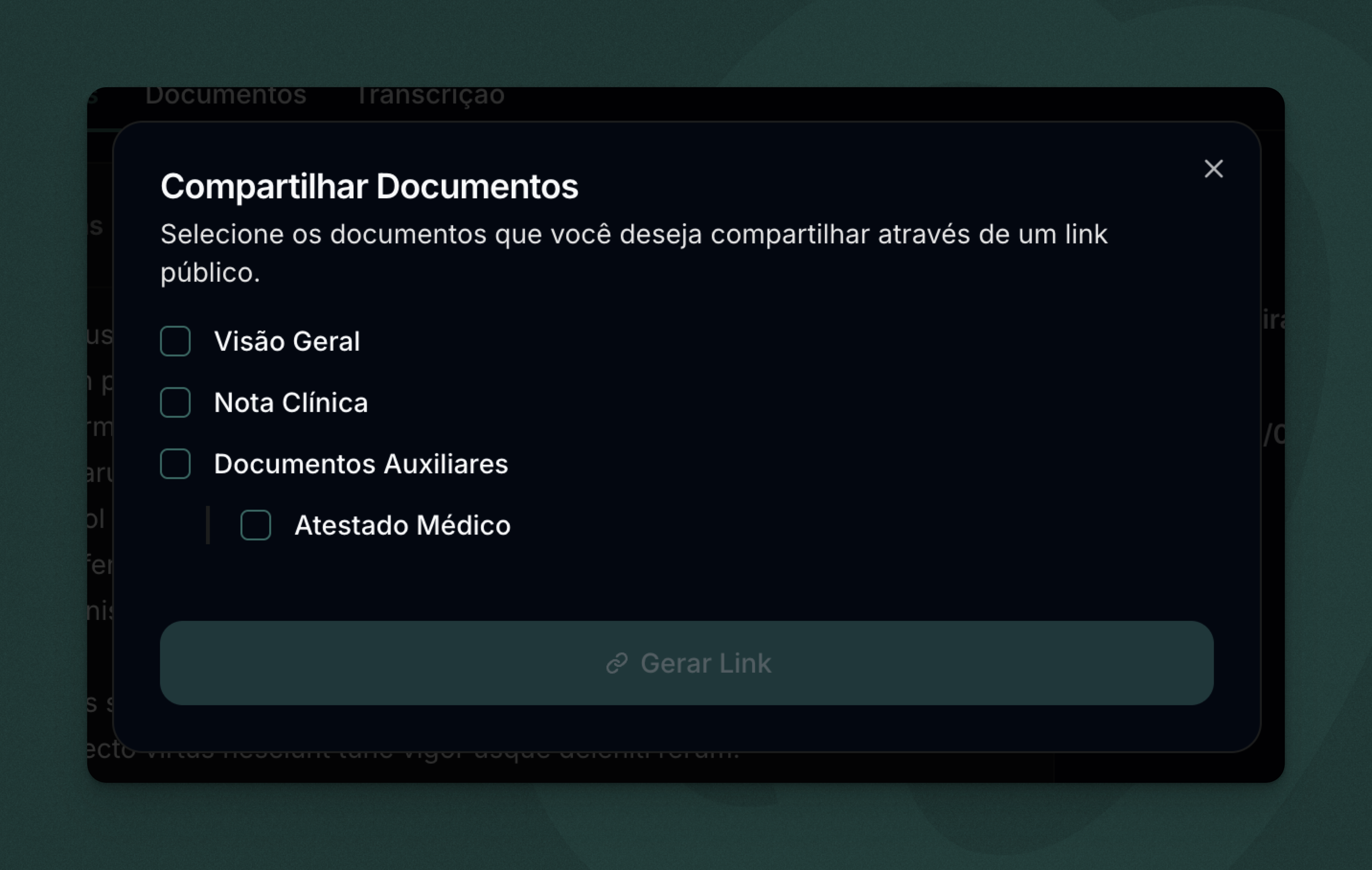 Modal de compartilhamento com opções