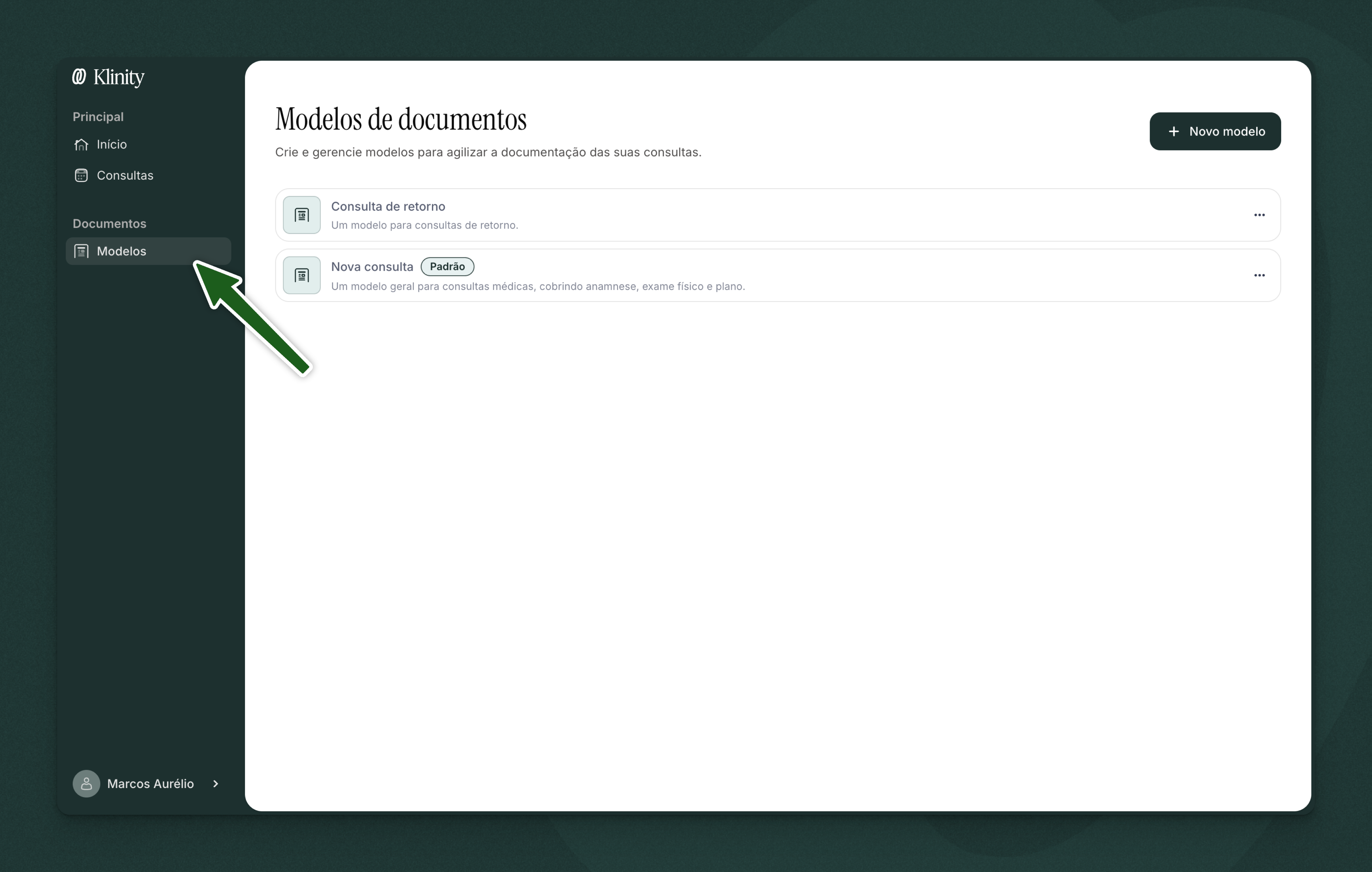 Tela de listagem de modelos