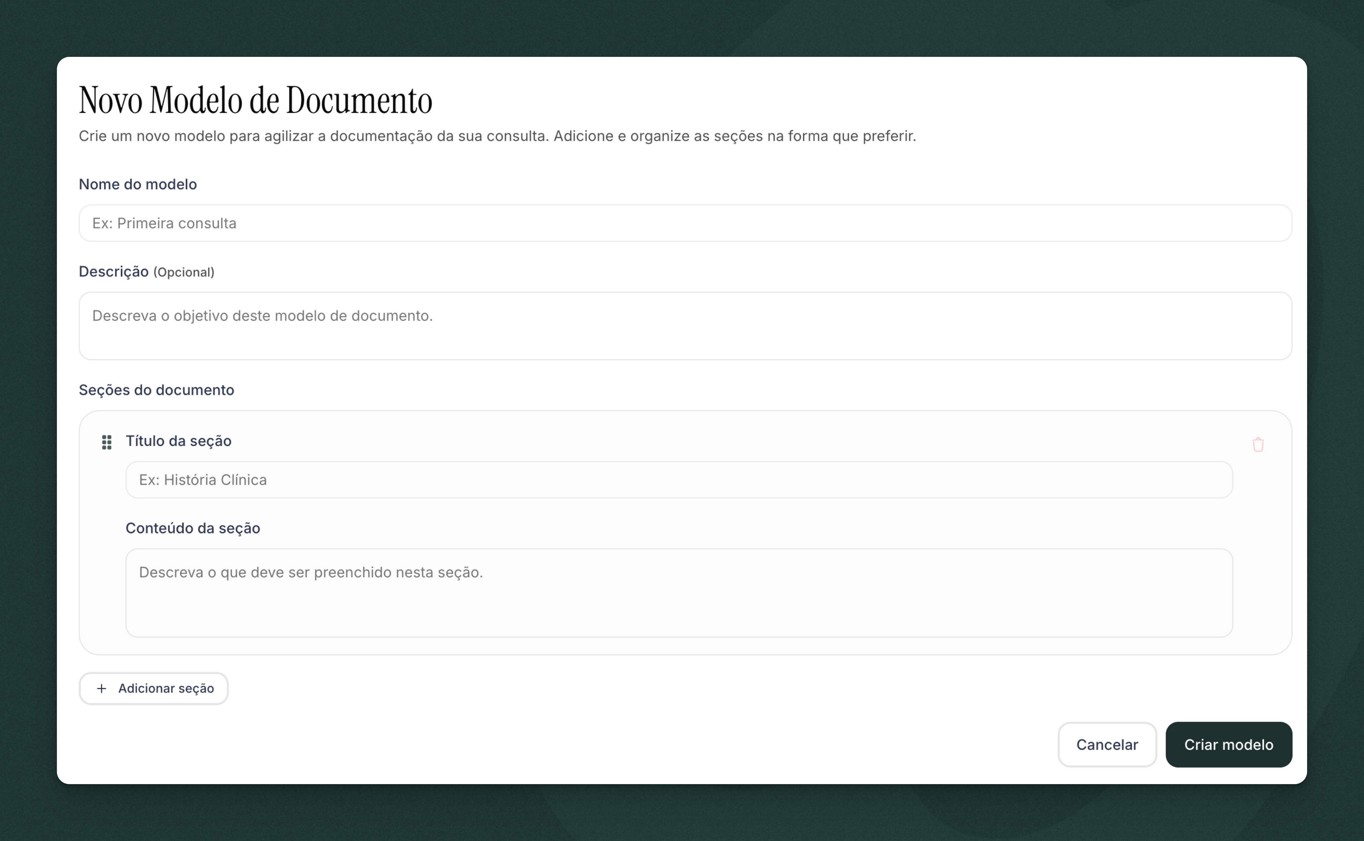 Interface de criação de modelos de documentos