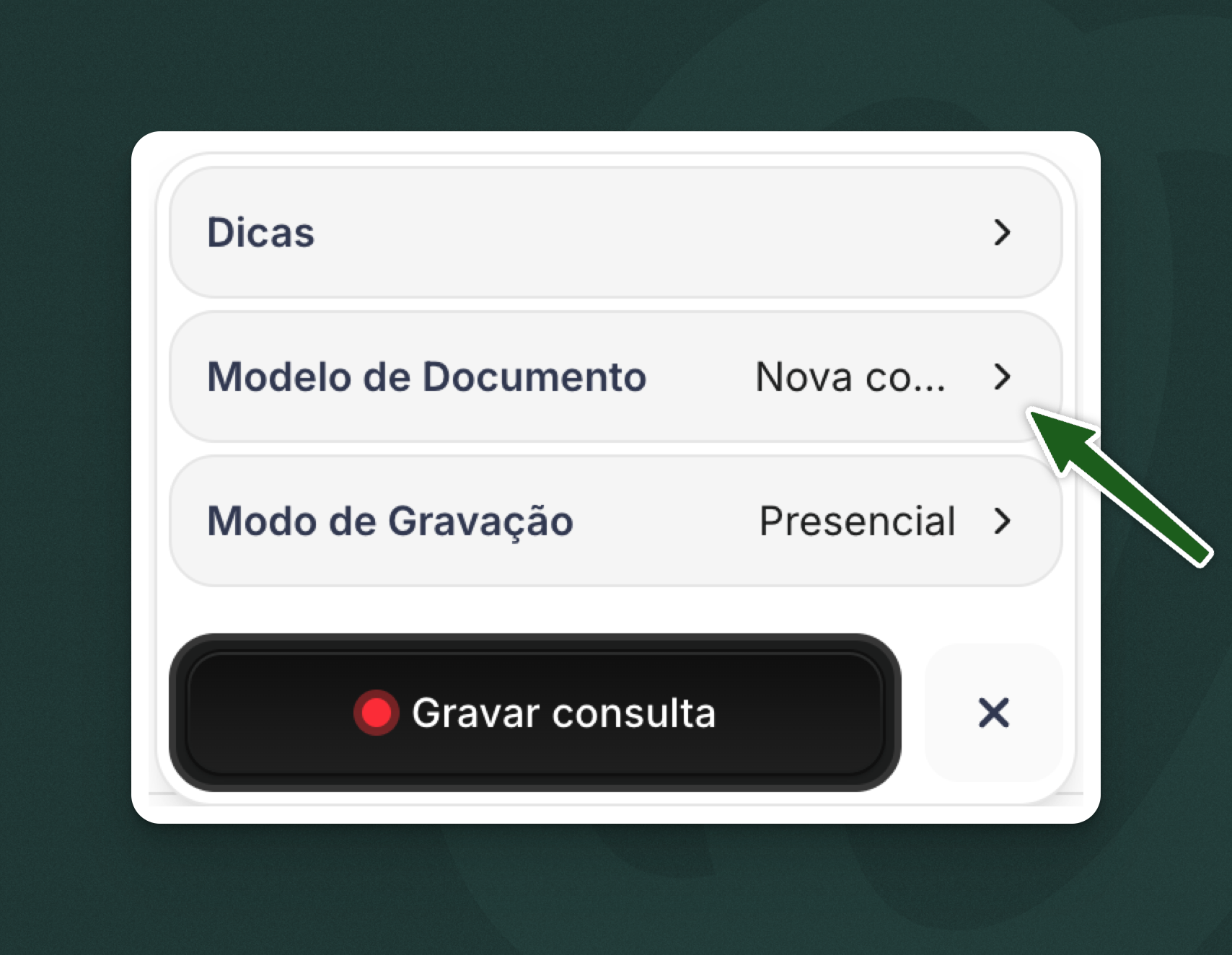 Menu aberto mostrando opção "Modelo de documento"