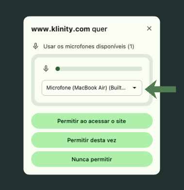 Diálogo de permissão com o microfone selecionado