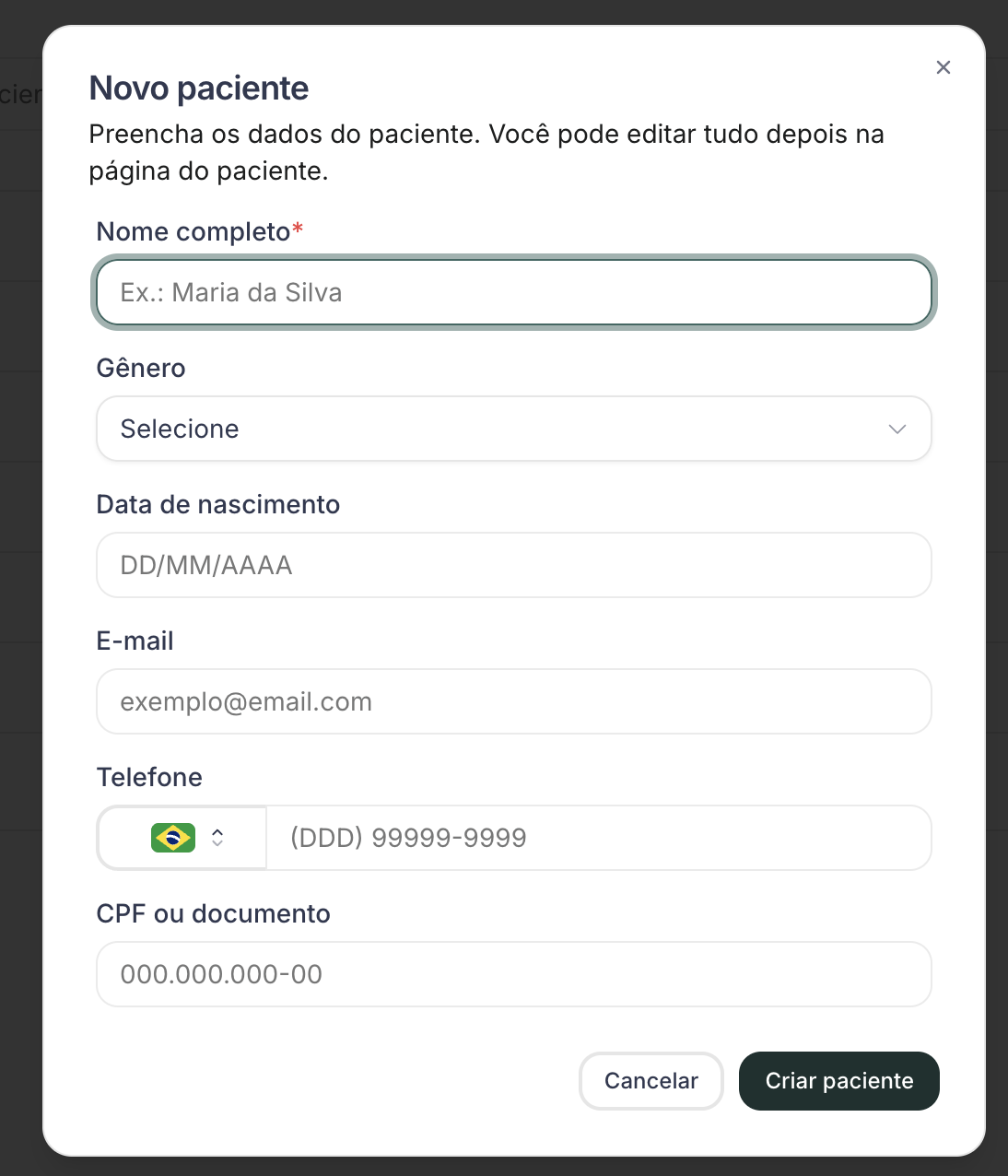 Criar novo paciente