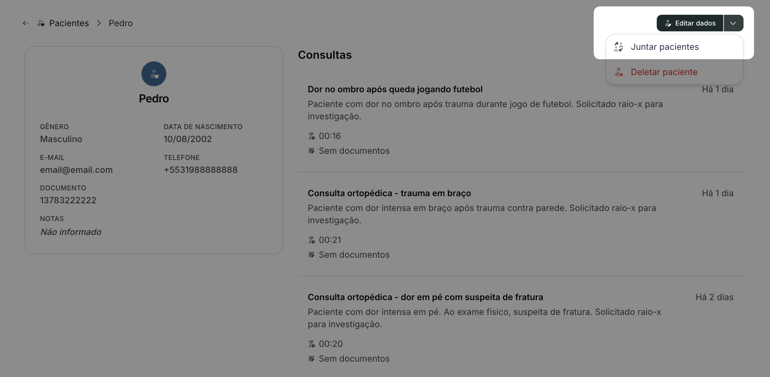 Menu de ações com a opção "Juntar pacientes"