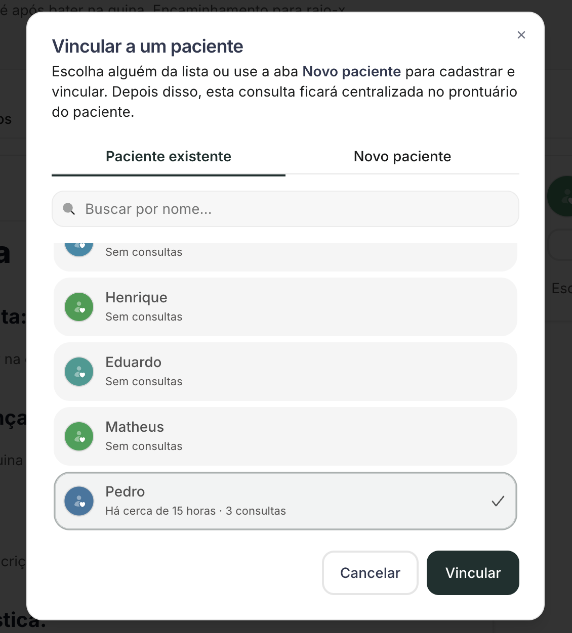 Janela vincular consulta ao paciente