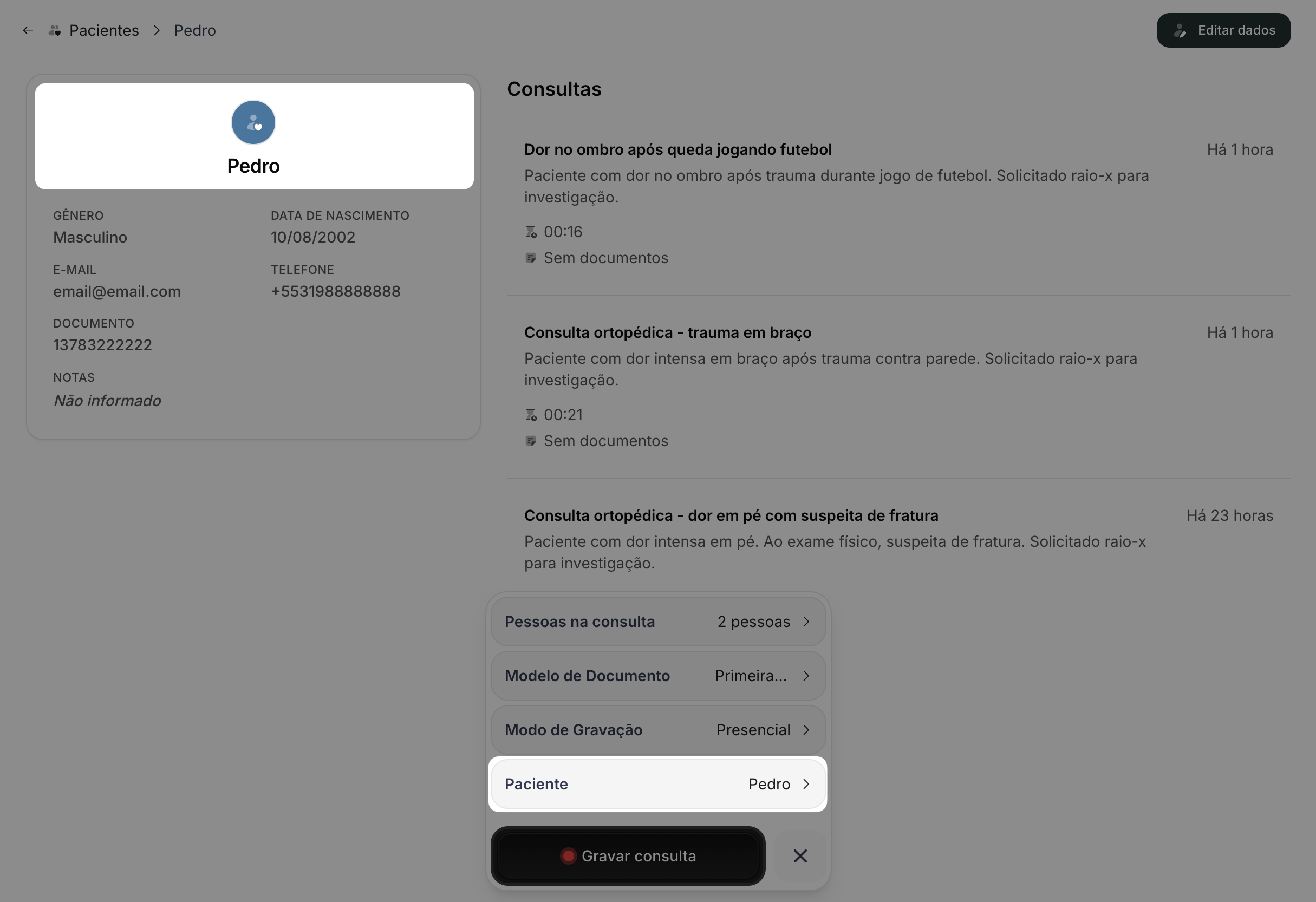 Gravar a partir do perfil do paciente