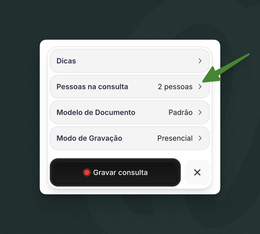 Imagem do widget de gravação com menu aberto e item Pessoas na consulta visível