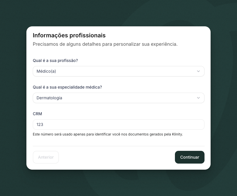 Tela de onboarding da Klinity mostrando configuração de perfil profissional