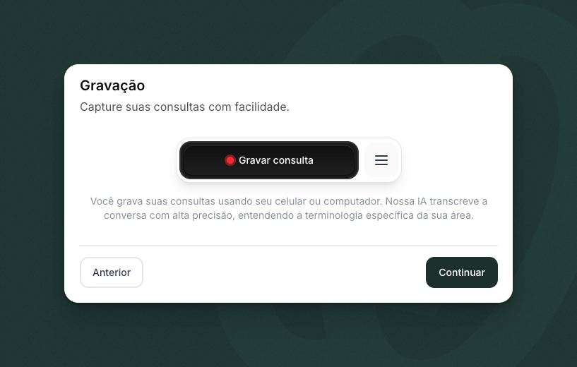 Tela de onboarding da Klinity mostrando componentes de gravação