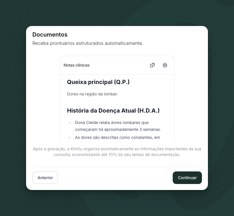 Tela de onboarding da Klinity mostrando componentes de documentos