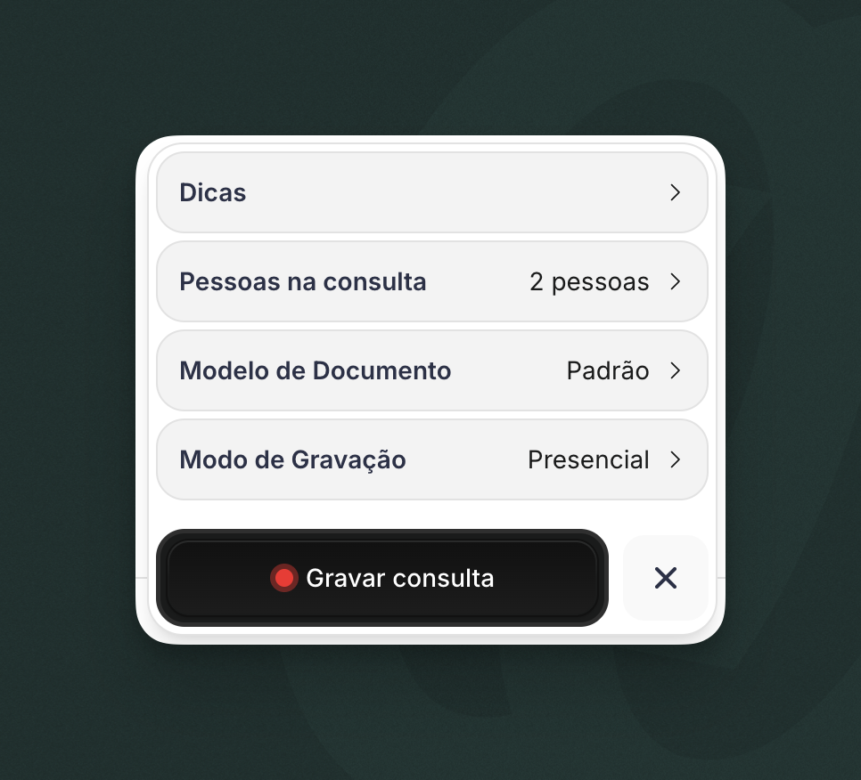 Widget com menu aberto mostrando opções