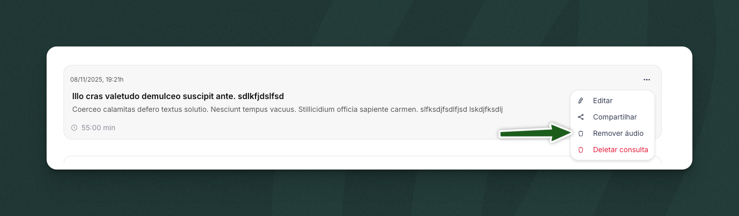 Tela de remoção de áudio